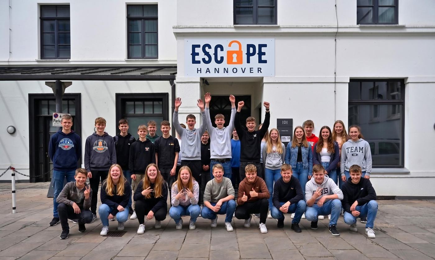 Schulausflug Hannover, Schulklasse vor dem Escape Hannover am Tiedthof